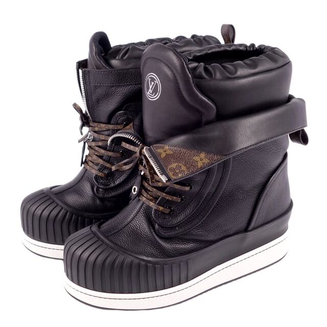 美品 ルイヴィトン LOUIS VUITTON ブーツ スノーブーツ スラロームライン モノグラム レザー ショートブーツ 靴 42 メンズ26.5cm相当 ブラック