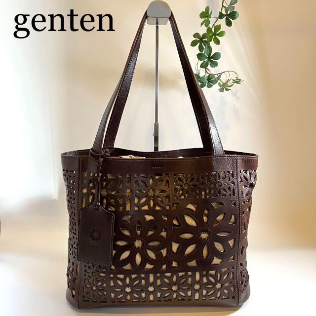 美品✨genten ゲンテン レザー カットワークトートバック 工具 ロゴ