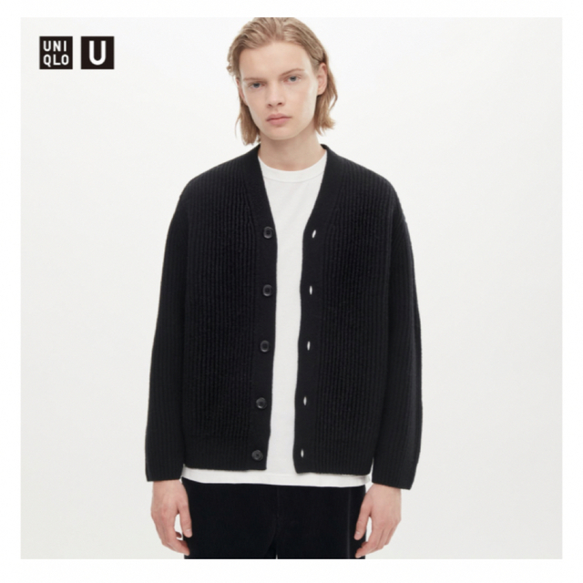 極美品】UNIQLO プレミアムリブVネックカーディガン M 黒 ウール-