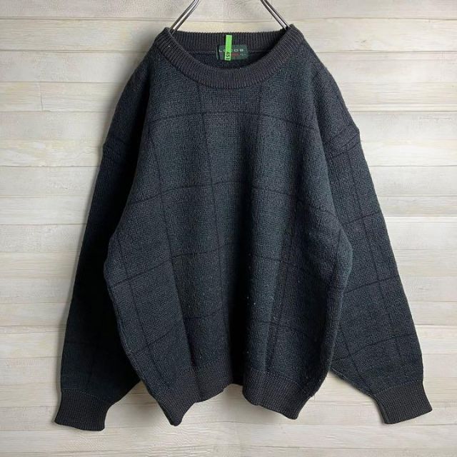 《New Wool100%》ロコス　ニットセーター　Ｌ☆ダークグレー　チェック柄