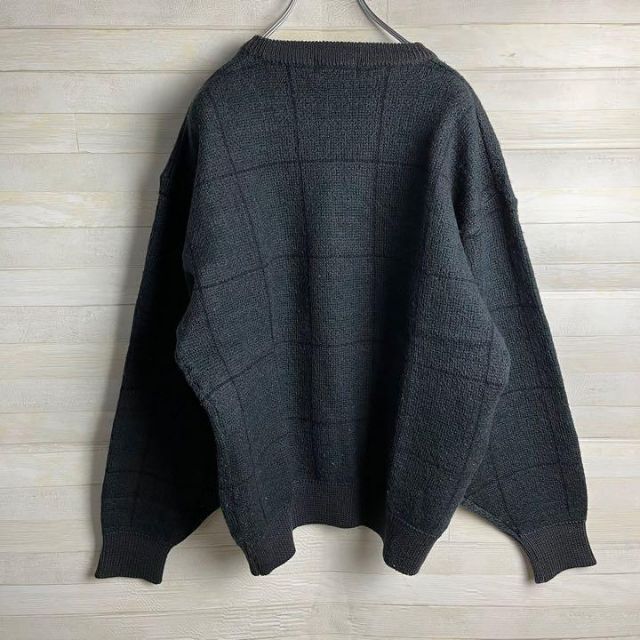 《New Wool100%》ロコス　ニットセーター　Ｌ☆ダークグレー　チェック柄