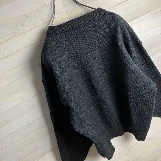 《New Wool100%》ロコス　ニットセーター　Ｌ☆ダークグレー　チェック柄