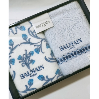 バルマン(BALMAIN)の【新品·未使用】BALMAIN フェイスタオル　ブルー　花柄　２枚組(タオル/バス用品)