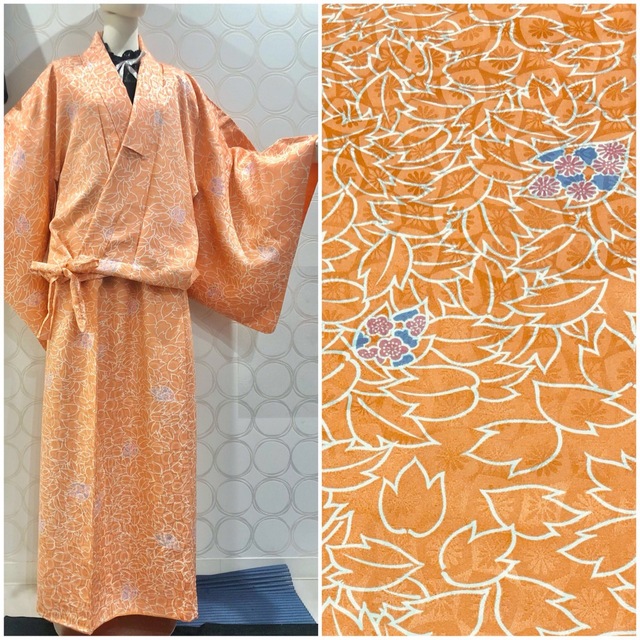 着物リメイク 薄オレンジ 三葉 花 ショート丈羽織 ロングスカートちーぼーのリメイク