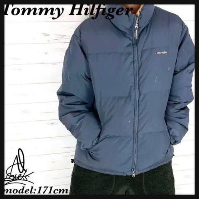 《必須アイテム》トミーヒルフィガー　ダウンジャケット　XL☆ブルーグレー　刺繍