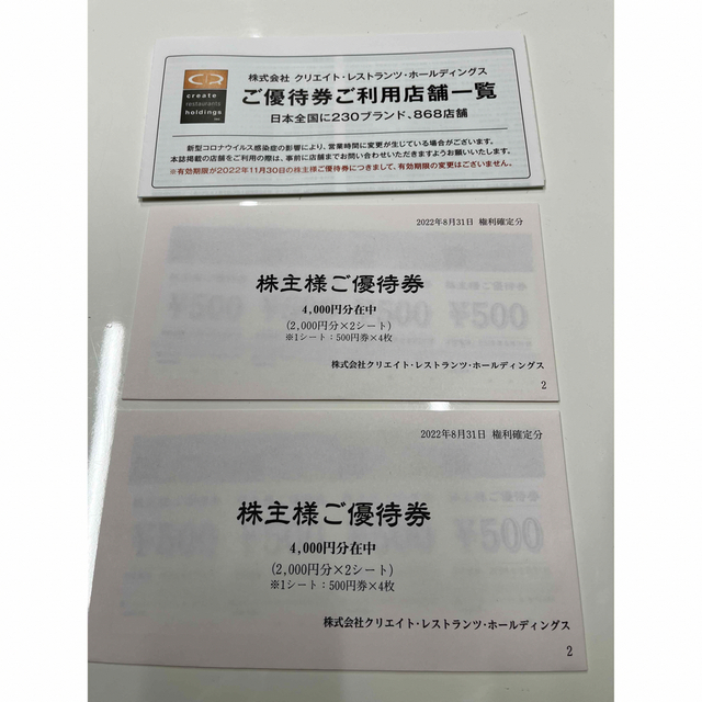 最新 クリレス 株主優待券 8000円分 500円 × 16枚 23.5.31 チケットの優待券/割引券(レストラン/食事券)の商品写真