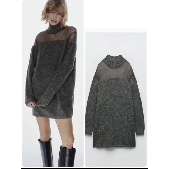 ZARA(ザラ)のZARA コントラスト　セミシースルーニットワンピース M レディースのトップス(ニット/セーター)の商品写真