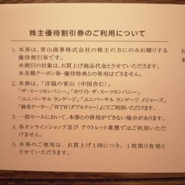 青山(アオヤマ)の洋服の青山　株主優待割引券　２枚 チケットの優待券/割引券(ショッピング)の商品写真