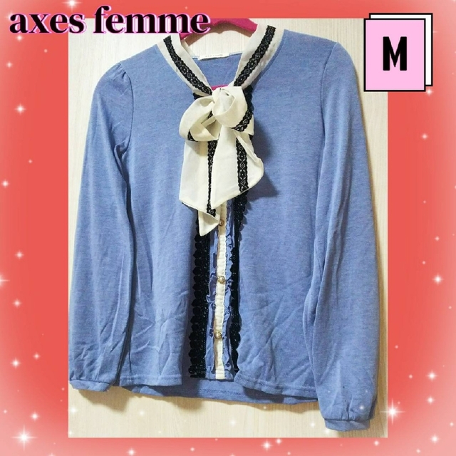 axes femme(アクシーズファム)のアクシーズファム　配色　可愛い　リボンタイ　刺繍ライン　レース　青　ブラウス レディースのトップス(シャツ/ブラウス(長袖/七分))の商品写真