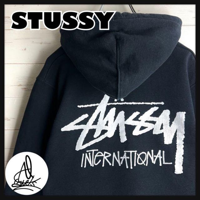 【人気Lサイズ】STUSSY ビッグSSリンクロゴ スウェット パーカー 黒