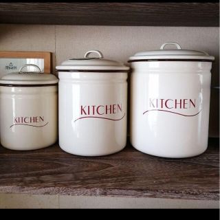 カントリー雑貨KITCHENホーローストッカー３個(容器)