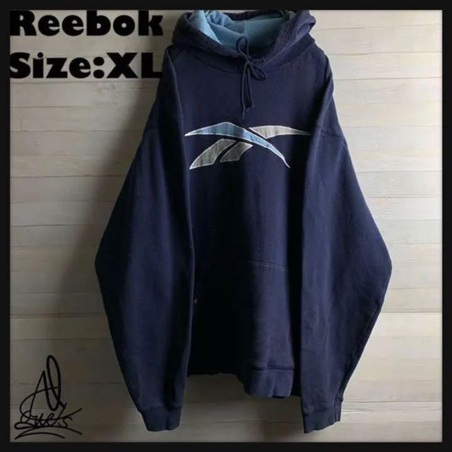 《オーバーサイズ》Reebok リーボック　パーカー　XL☆ネイビー　紺