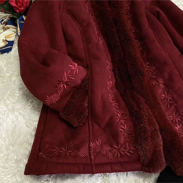 通常 1本タイプ 希少美品【LLBEAN】ボアコート 花柄刺繍ラウンド赤