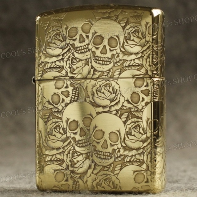 髑髏 薔薇 四面総彫り オイルライター ZORRO ゴールド zippo 金