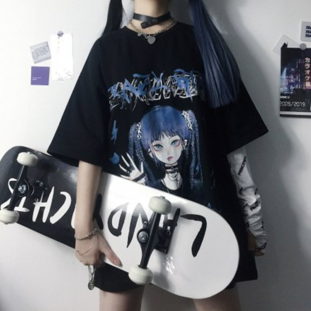病みかわ 韓国 パンク 地雷系 原宿系 オーバーサイズ Tシャツ 黒 - T