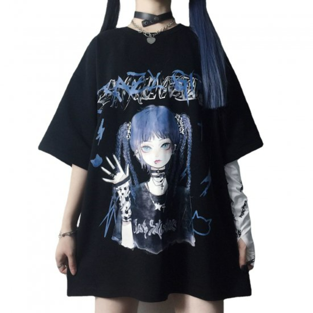病みかわ 韓国 パンク 地雷系 原宿系 オーバーサイズ Tシャツ 黒 - T