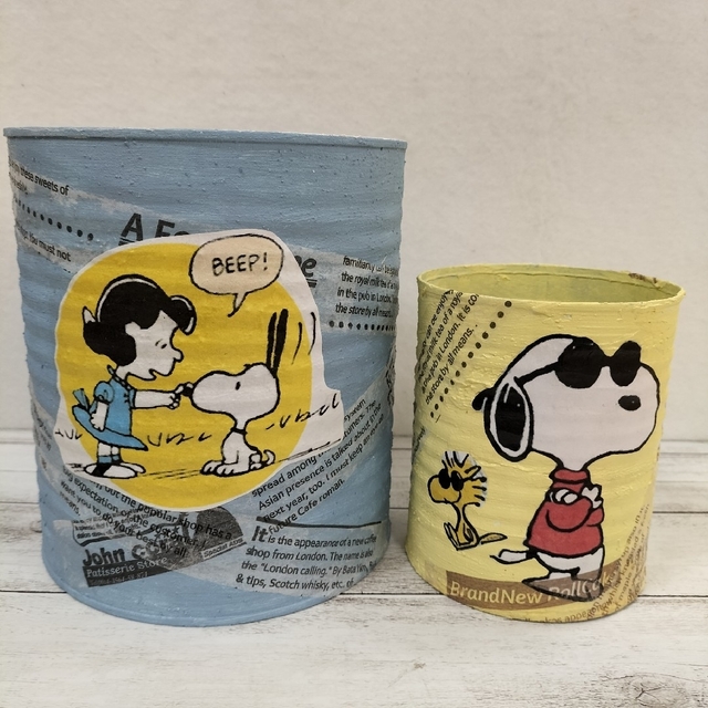 SNOOPY(スヌーピー)のSNOOPY　リメイク缶　2個セット　リメ缶　リメ鉢　多肉植物➁ ハンドメイドのフラワー/ガーデン(プランター)の商品写真