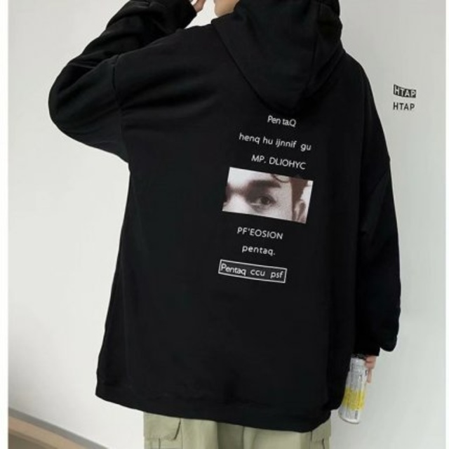 韓国　メンズ　フォトグラフィック　プリント　プルオーバー　パーカー　ブラック