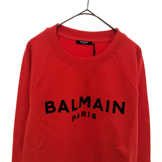 BALMAIN バルマン フロッキーフロントロゴプリントクルーネックスウェットトレーナー レッド