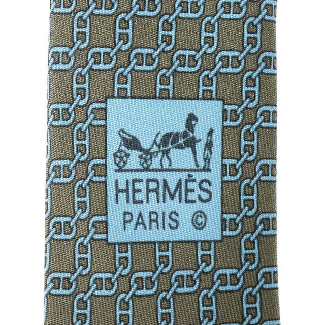 Hermes(エルメス)のエルメス シルクネクタイ 鎖模様 中古 グリーン ブルー シルク100% HERMES 【中古】| カジュアル ファッション小物 メンズ 男性用 ブランド 緑色 水色 鎖柄 Aランク メンズのファッション小物(ネクタイ)の商品写真