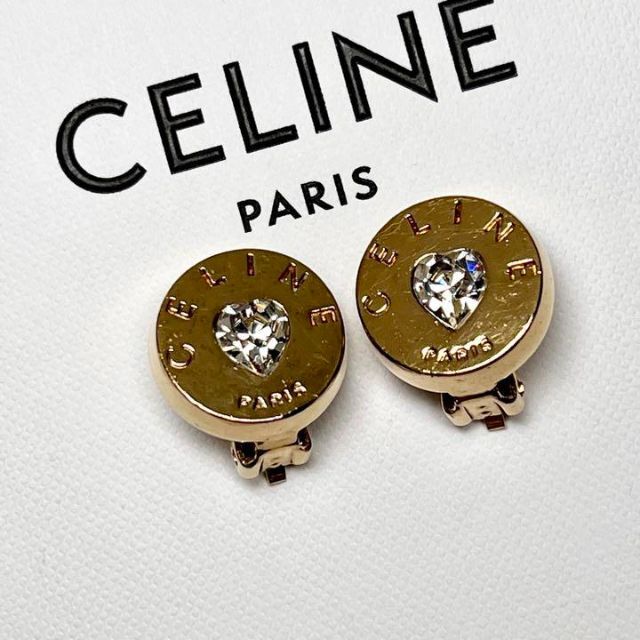 美品 CELINE セリーヌ イヤリング ラインストーン ハート ゴールド-