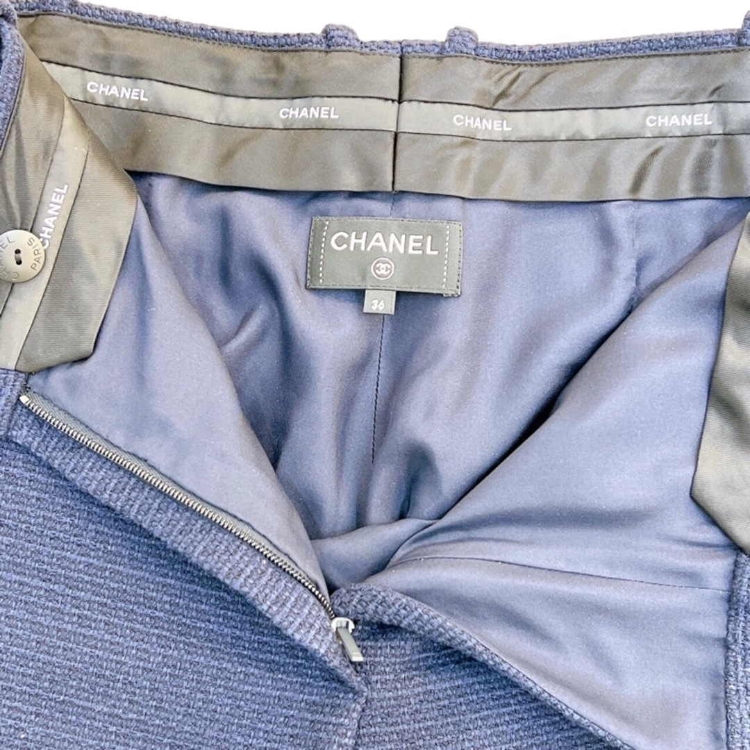 約70cmウエストシャネル CHANEL ロゴテープ　ツイードパンツ P70103 ネイビー コットン レディース パンツ