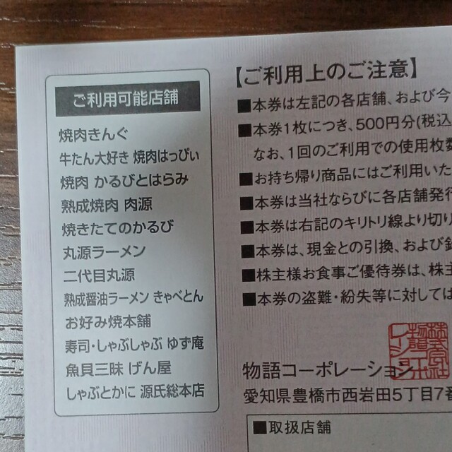 物語コーポレーション　株主優待　12500円分(500円×25枚)　焼肉きんぐ チケットの優待券/割引券(レストラン/食事券)の商品写真