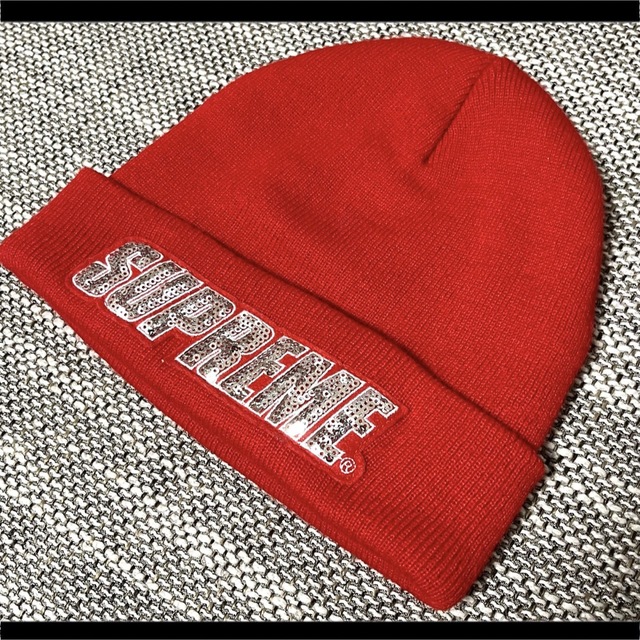 SUPREME シュプリーム ニット帽 赤 レッド スパンコール キラキラロゴ