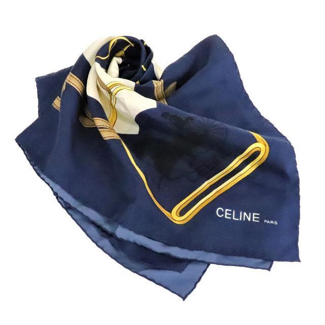 セリーヌ スカーフ 中古 馬車柄 ブルー シルク100％ CELINE 【中古】 | レディース ファッション ベルト柄 金具柄 マルチカラー 青  ブランド小物 防寒 Bランク