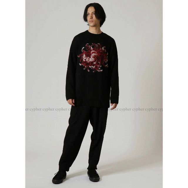 Yohji Yamamoto(ヨウジヤマモト)のM 新品 22AW ヨウジヤマモト フラワー インターシャ ニット セーター 黒 メンズのトップス(ニット/セーター)の商品写真