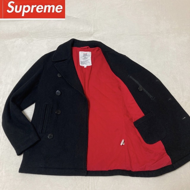 supreme  ピーコート　裏地赤　ダブル　黒　アウター　ウール　コットン　M