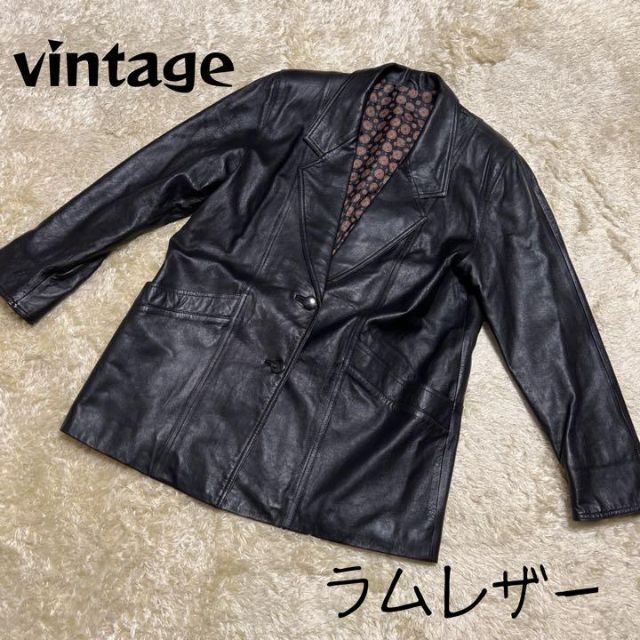 【ヴィンテージ】90s ラムレザー　総柄　コート　ブラック メンズのジャケット/アウター(レザージャケット)の商品写真