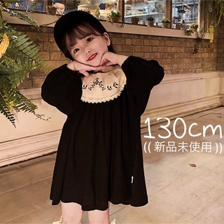 ❤️ ワンピース 黒 130 刺繍 襟 ドレス バースデーフォト 韓国 海外(ワンピース)