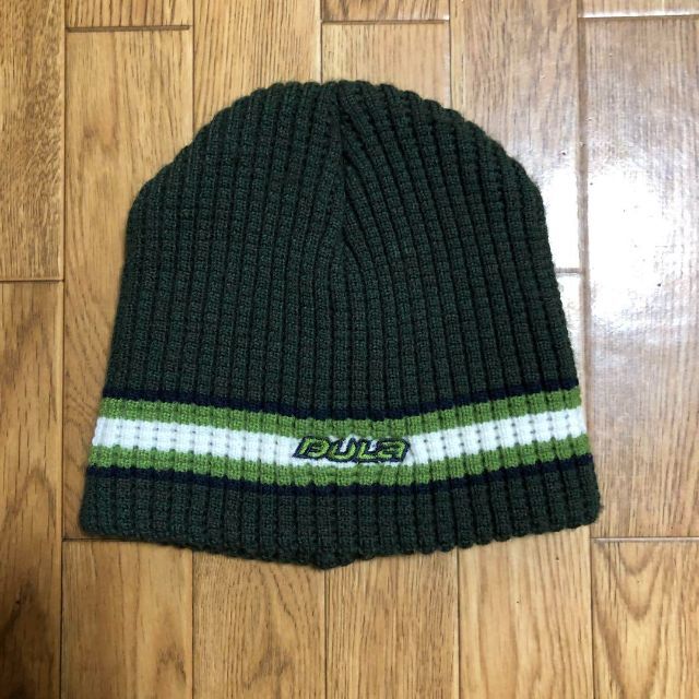 90s カナダ製 BULA ニット帽 フリーサイズ  濃い緑 ライン入り