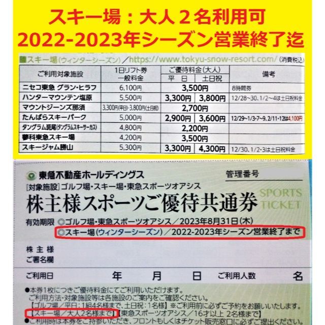 1枚で大人2名可リフト券割引券グランヒラフグランデコハンタマジーンズたんばら他⑧ チケットの施設利用券(スキー場)の商品写真