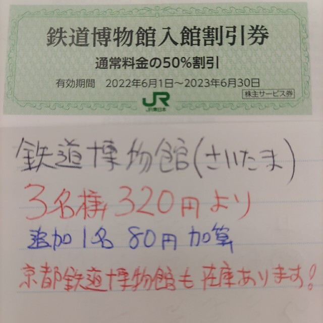 JR東日本優待券の鉄道博物館半額券6枚560円 さいたま 鉄道博物館入館(50%)割引券 ×3枚
