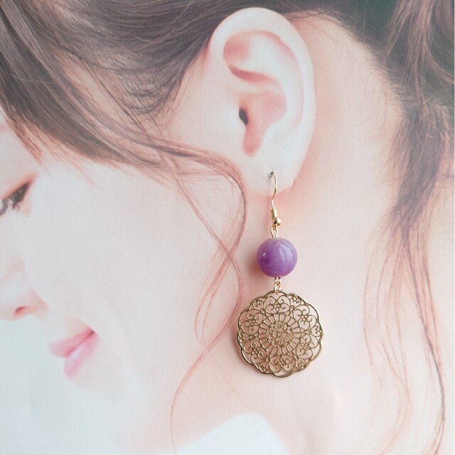 No.1168 パープルビーズ×透かしフラワー ハンドメイド ピアス