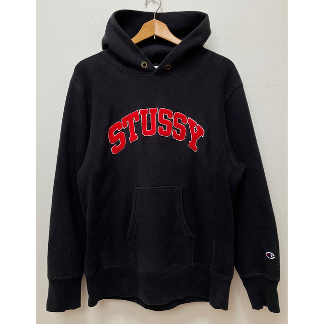 STUSSY × Championプルオーバーパーカー リバースウィーブ 黒 M 【送料