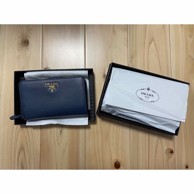 美品✨PRADA　プラダ　折り財布　ジップ　レザー　青　ゴールド　サフィアーノ