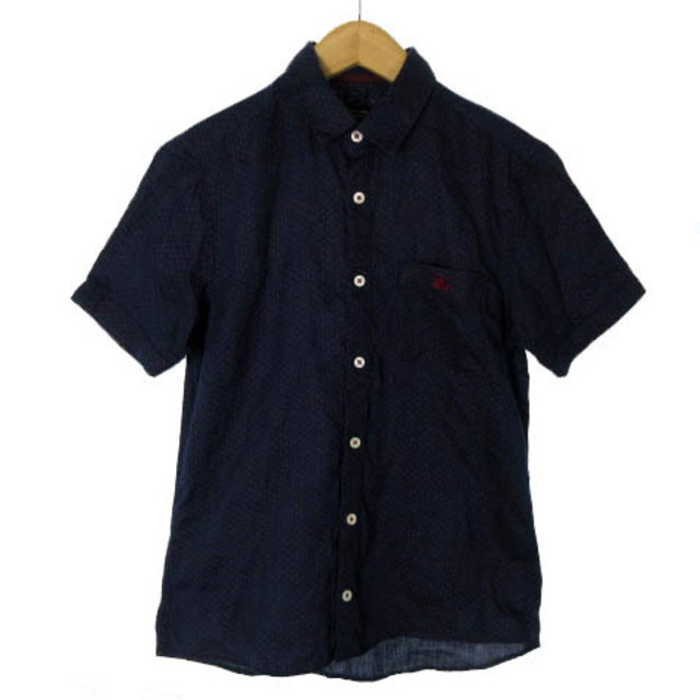 バーバリーブラックレーベル シャツ 半袖 ドット 麻 ワンポイント 紺 1