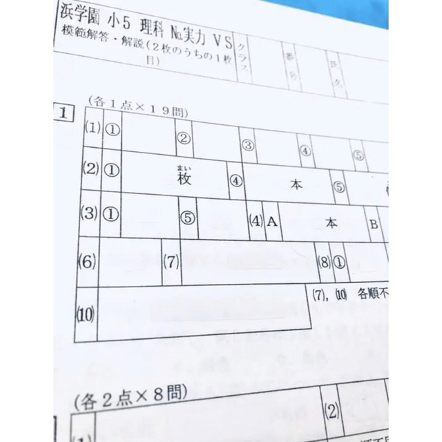 浜学園　小5  Sクラス　3科目 復習テスト　国語、算数、理科 実力〜No.22