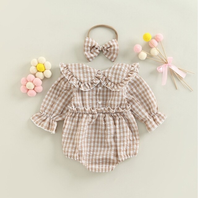 ベビー服 チェック リボン付き 韓国 かわいい カーキ ロンパース キッズ/ベビー/マタニティのキッズ服女の子用(90cm~)(ワンピース)の商品写真