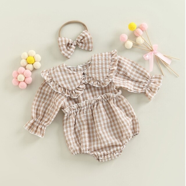 ベビー服 チェック リボン付き 韓国 かわいい カーキ ロンパース キッズ/ベビー/マタニティのキッズ服女の子用(90cm~)(ワンピース)の商品写真