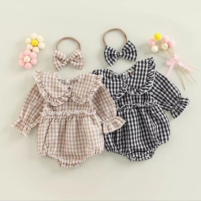 ベビー服 チェック リボン付き 韓国 かわいい カーキ ロンパース キッズ/ベビー/マタニティのキッズ服女の子用(90cm~)(ワンピース)の商品写真