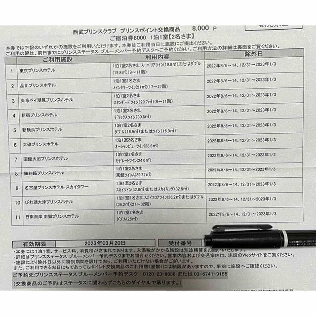 施設利用券プリンスホテル 宿泊チケット プリンスポイント交換商品 8000ポイント