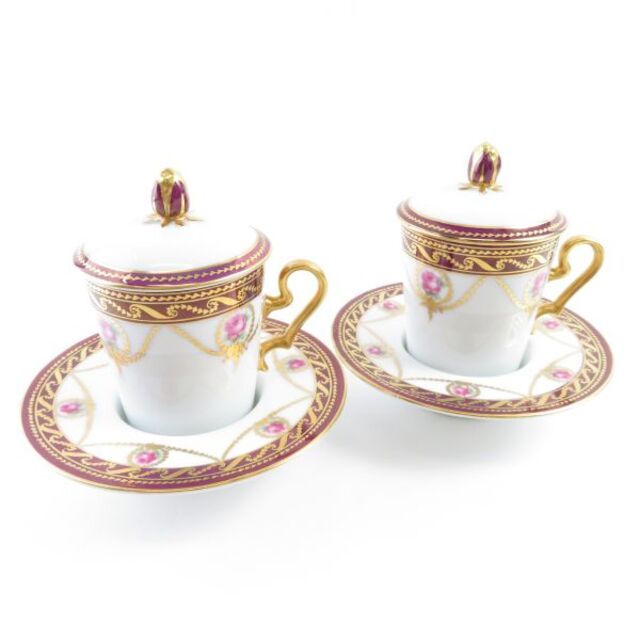 美品 大橋陶器 OHASHI CHINA Rococo ロココ カップ＆ソーサー 2客 ペア 蓋付 金彩 ゴールド 花柄 オオハシ SU3604Qインテリア/住まい/日用品