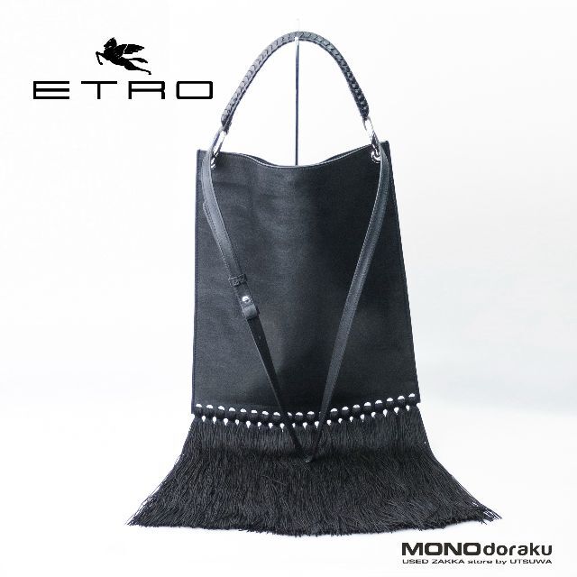 超可爱 ETRO - ETRO/エトロ　レザー ショルダーバッグ　フリンジ付き　2WAY　ブラック ショルダーバッグ
