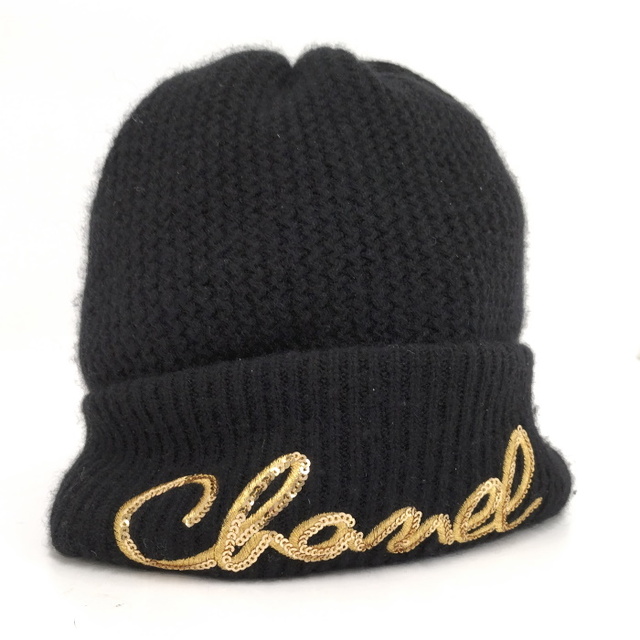 日本限定モデル】 CHANEL CHANEL AA8313 ブラック カシミア スパンコールロゴ ニットキャップ ニット帽+ビーニー 
