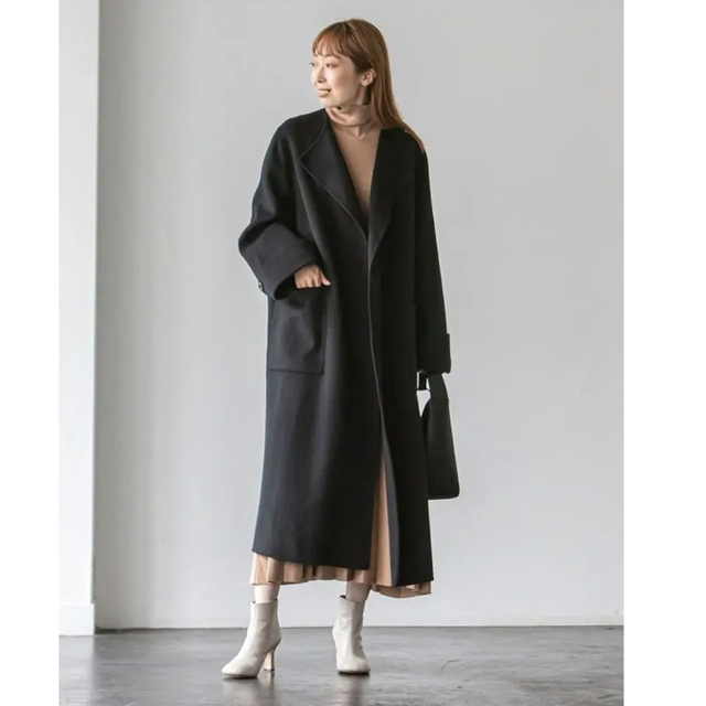 新品 ノーブル NOBLEのW/Nyリバーノーカラーコート ブラック 新作 新品 ノーブル NOBLEのW/Nyリバーノーカラーコート ブラック 新作