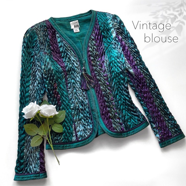 DESIGUAL - 美品 ヴィンテージ ノーカラージャケット ブラウス グリーン パープル 緑 紫